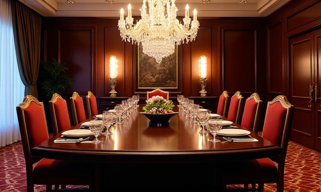 Elegant dining room with a large, polished wooden table and ornate chairs, set with fine dinnerware.