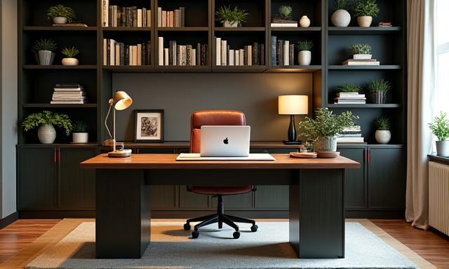 Sophisticated home office with a dark wood executive desk, leather chair, and elegant shelving.