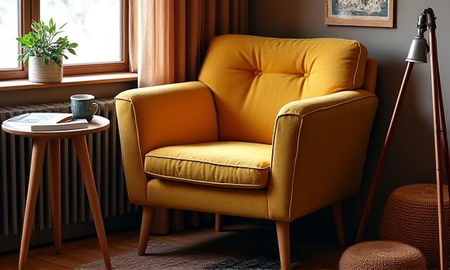 A stylish mid-century modern armchair in a cozy reading nook with a floor lamp and bookshelf.