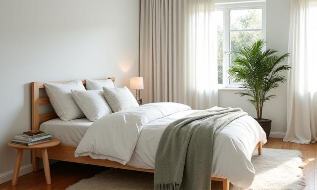Serene bedroom with a light wood bed frame, white linens, and simple decor, embodying Scandinavian design.