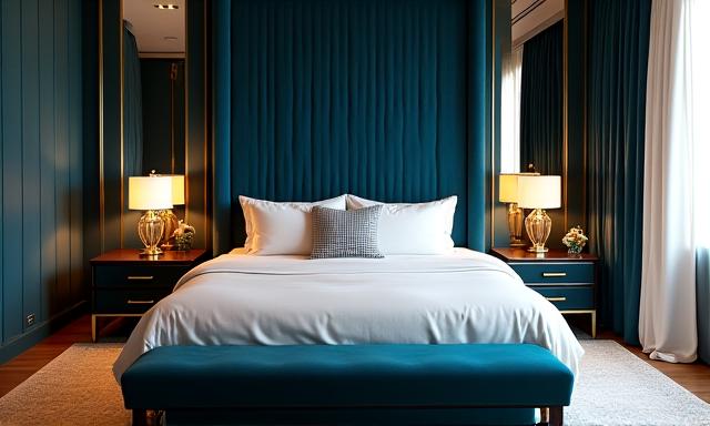 Luxurious bedroom with a large bed featuring a tufted velvet headboard, opulent bedding, and soft lighting.